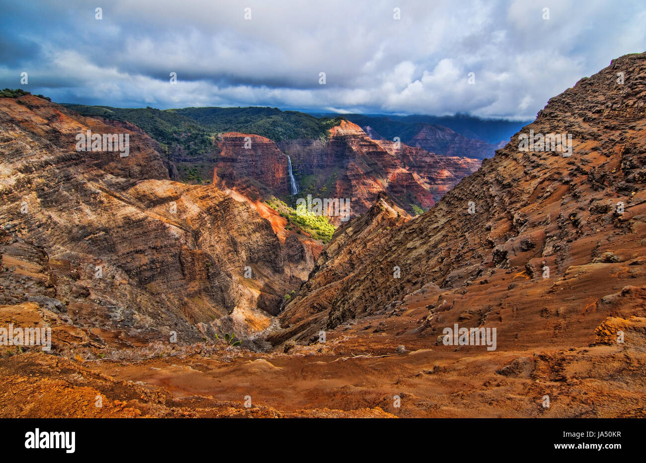 Kauai Hawaii scenic Waimea Canyon State Park red cliffs from above canyon Stock Photo