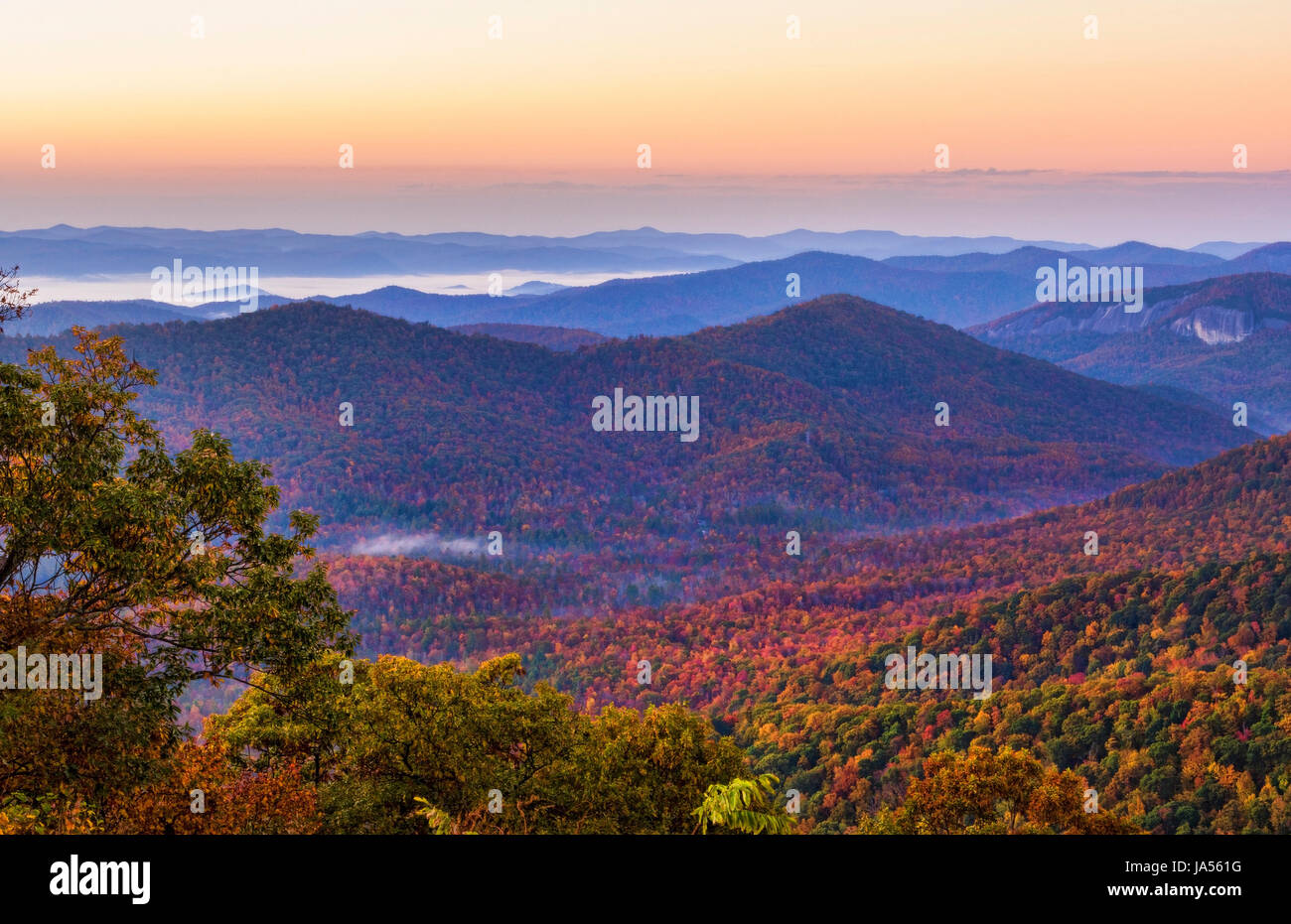 Brevard North Carolina mountains near Asheville Fall Colors Blue Ridge Highway sunrise hills ridges Stock Photo
