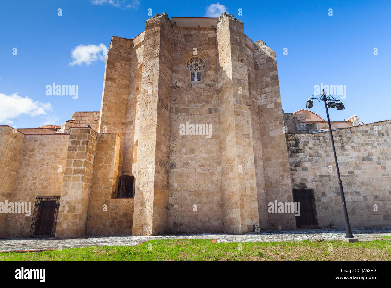 Basilica Cathedral of Santa Maria la Menor, rear facade. Colonial Zone of Santo Domingo, Dominican Republic. It is the oldest cathedral in the America Stock Photo