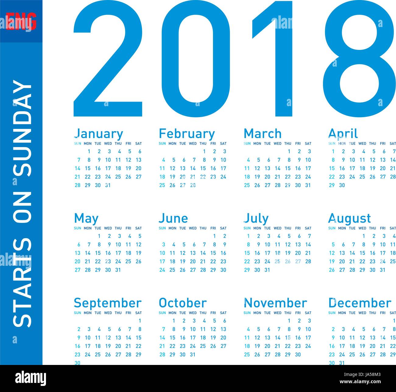 Simple Blue Calendar for year 2018, in vector format. Week starts on Sunday. Stock Vector