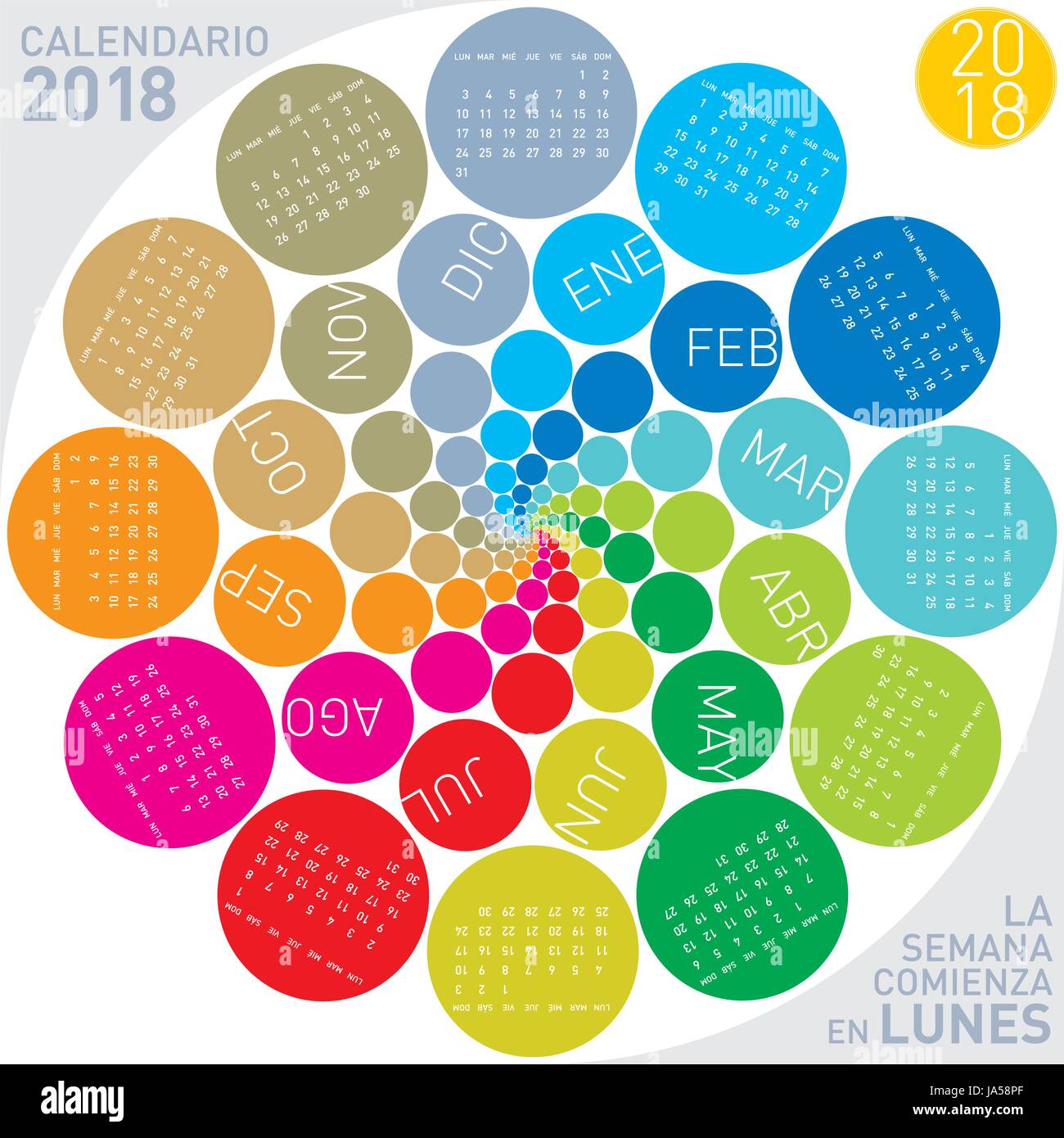 Colorful calendar for 2018 in Spanish. Circular design. Week starts on Monday Stock Vector