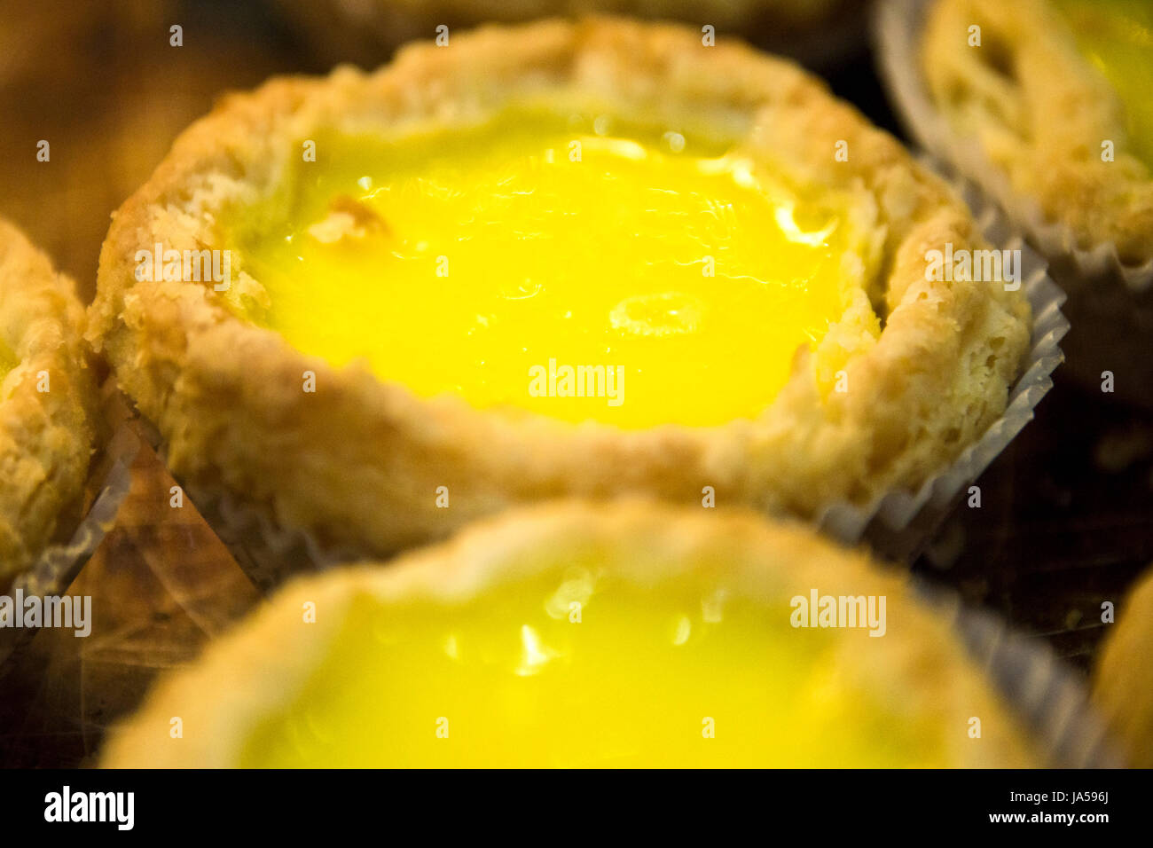 Horizontal view of traditional egg tarts in Hong Kong, China. Stock Photo