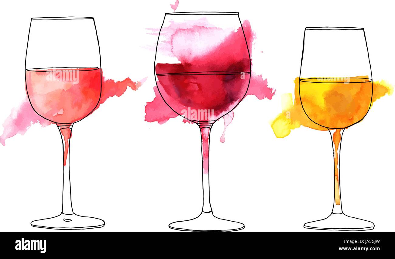 Set of vector and watercolor drawings of wine glasses Stock Vector