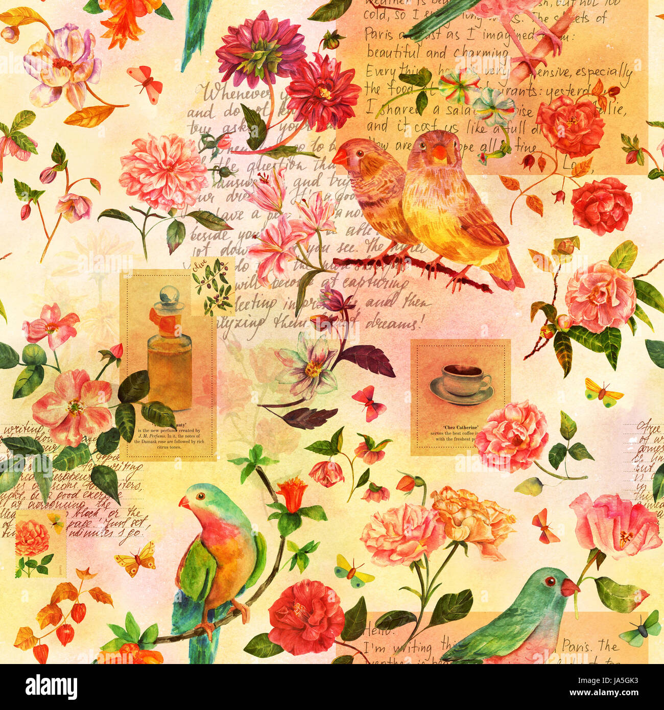 Toned seamless pattern with hand drawn watercolor birds, flowers and ...