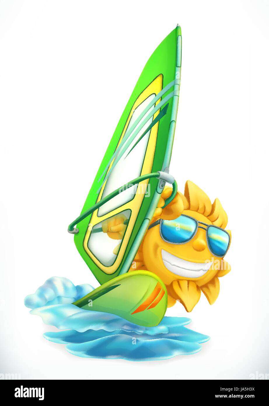 Summer Windsurfing. Funny sun on surfboard 3d vector icon Stock Vector