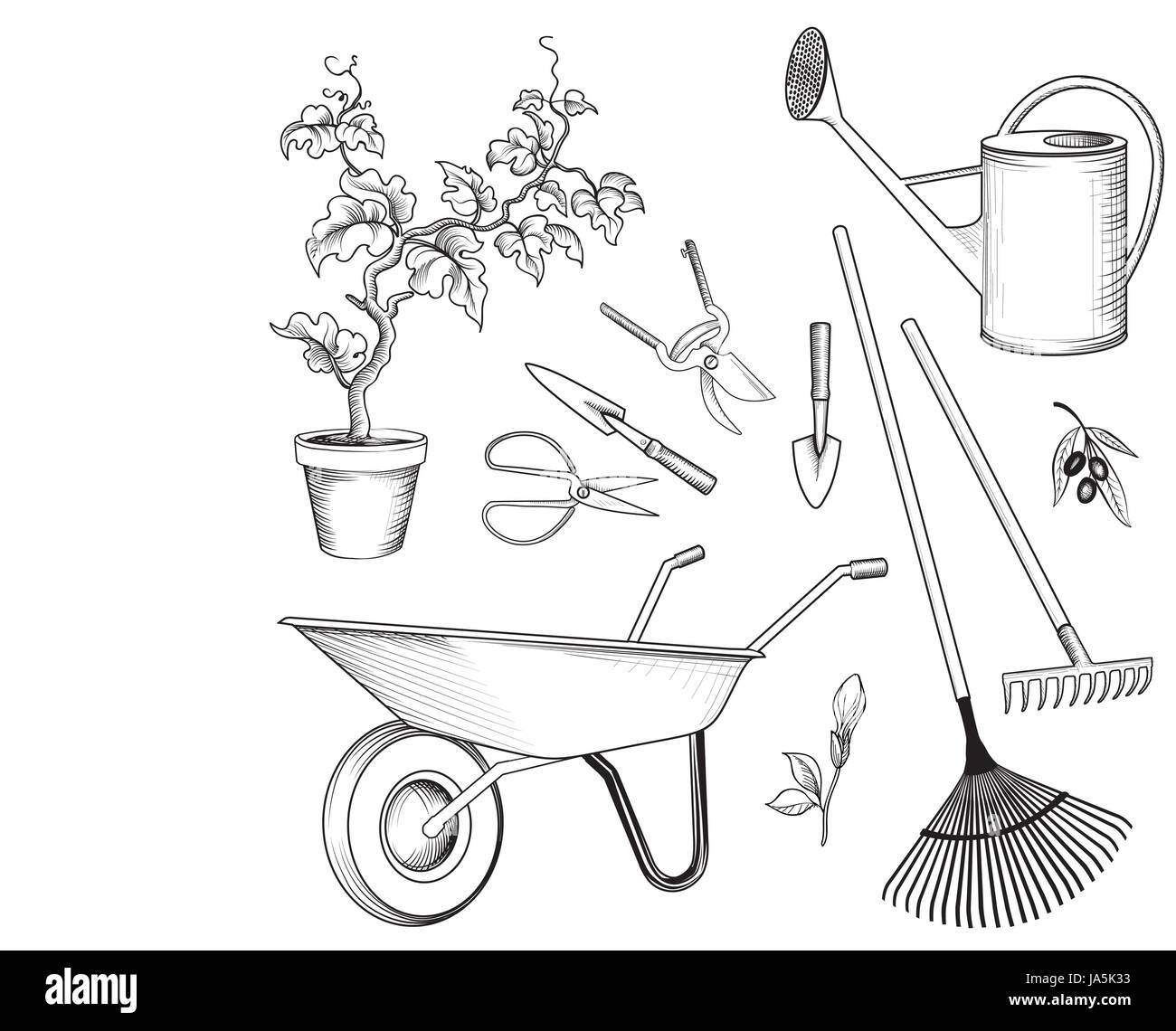 Garden tools set. Gardening plant, watering can, wheelbarrow, rake, shovel, spade, cart engraved