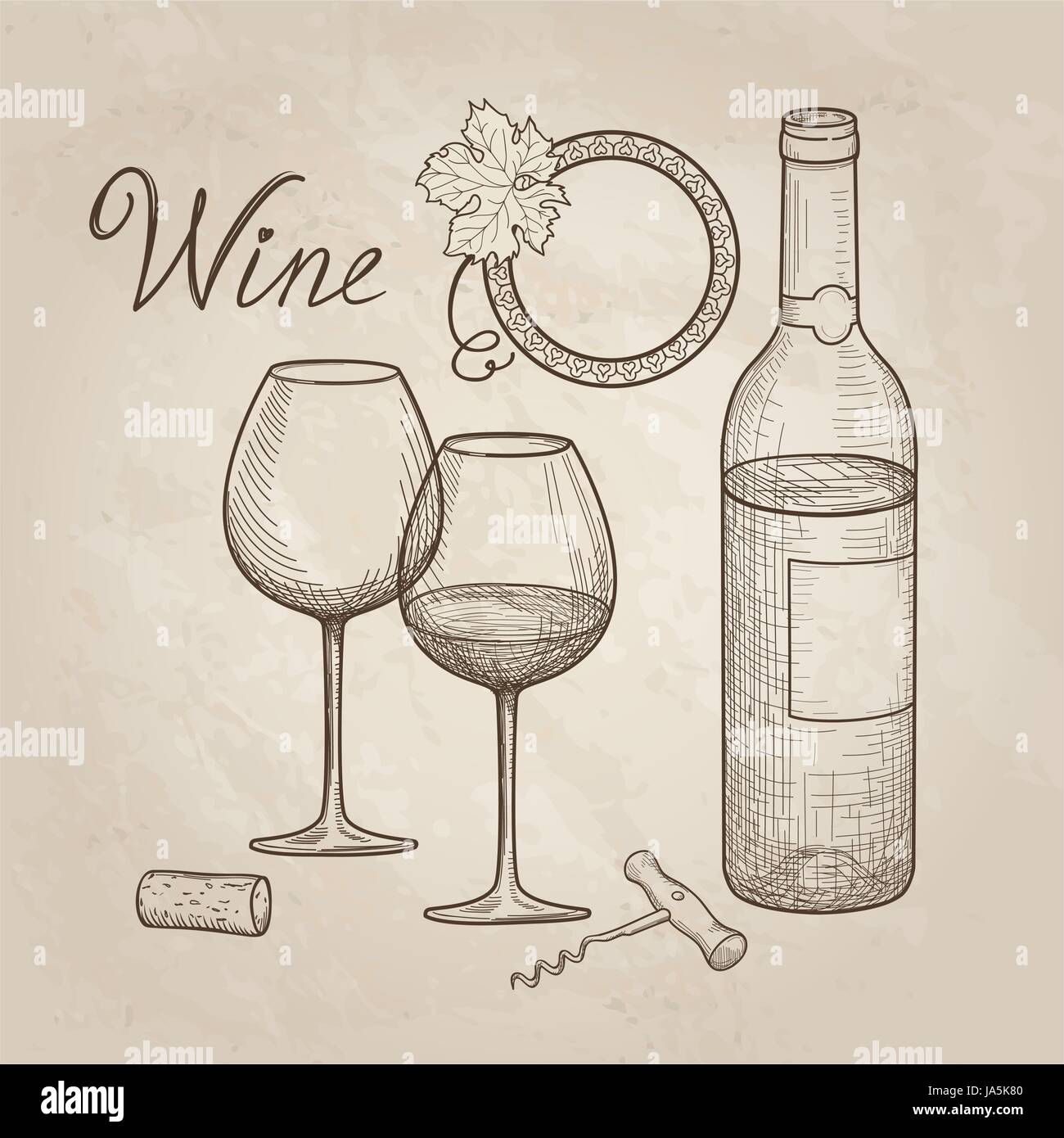Wine set. Wine glass, bottle, lettering. Cafe menu. Wine card sketch ...