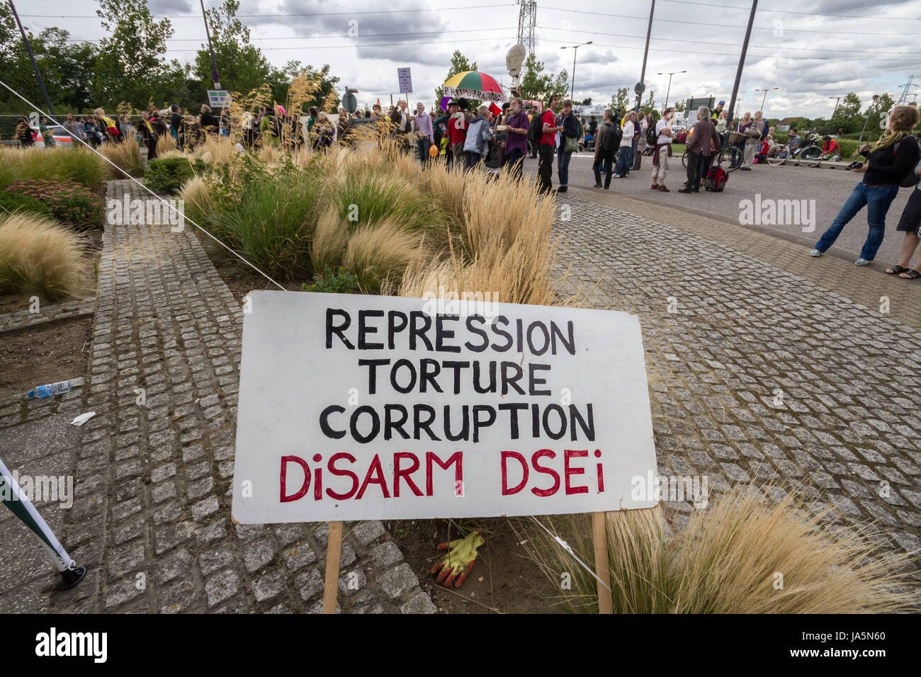 Stop the Arms Fair. Anti-war protest outside Excel Centre in east London, UK. Stock Photo