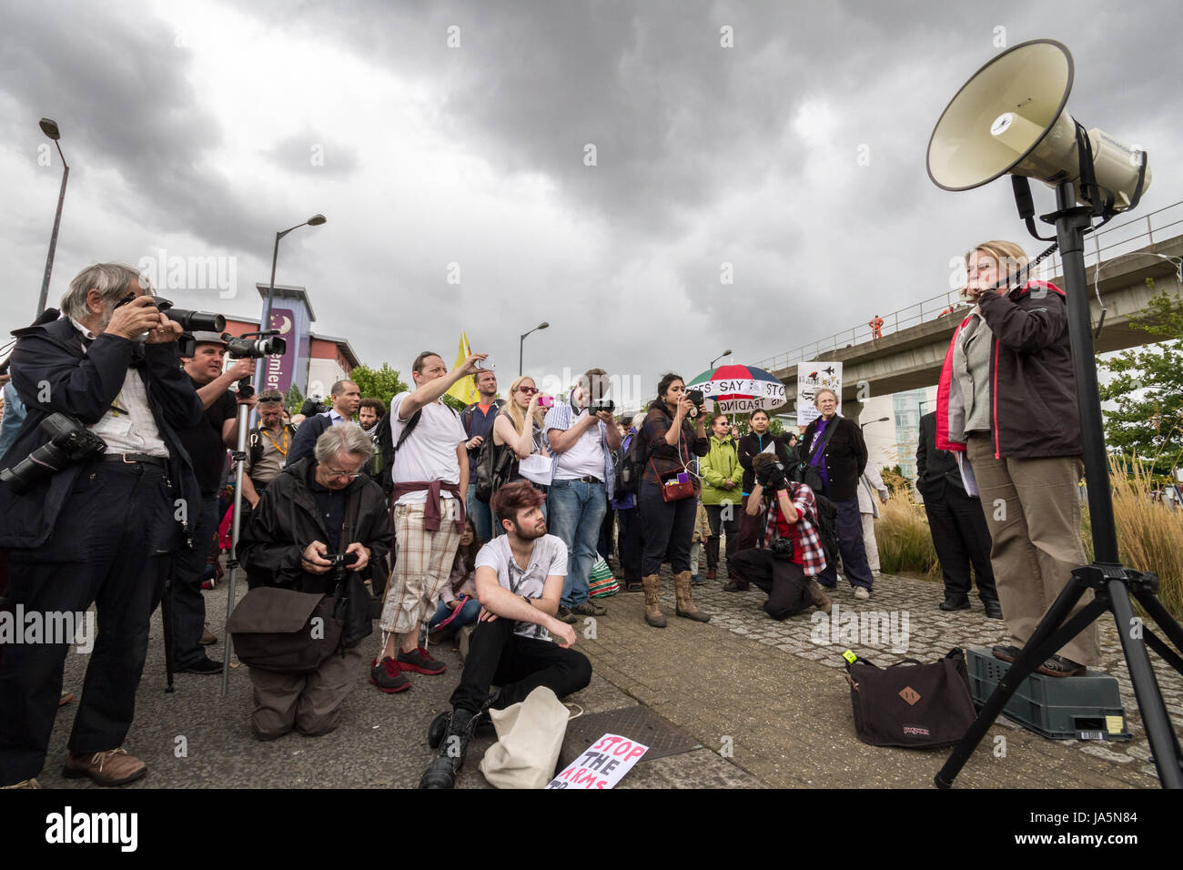 Stop the Arms Fair. Anti-war protest outside Excel Centre in east London, UK. Stock Photo
