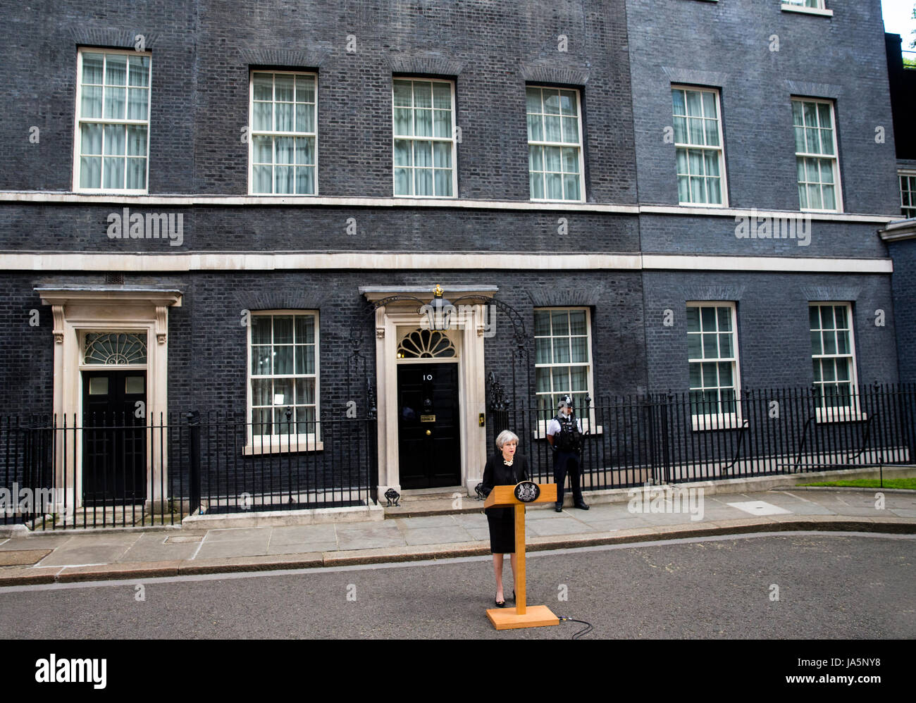 Prime Minister, Theresa May, makes a statement about security in Downing street following the June 3rd terror attack at London Bridge Stock Photo