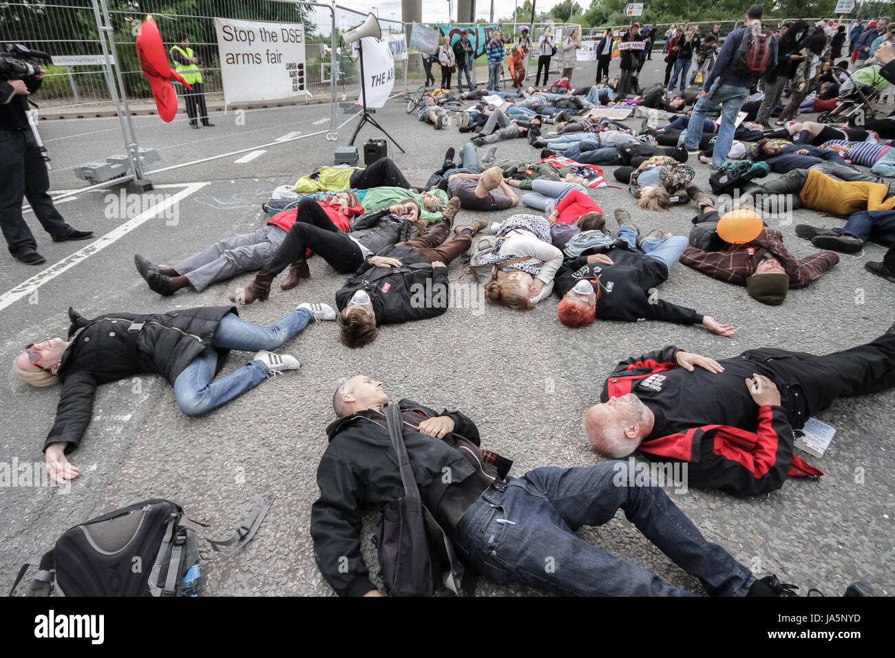 'Die-In' protest. Stop the Arms Fair. Anti-war protest outside Excel Centre in east London, UK. Stock Photo