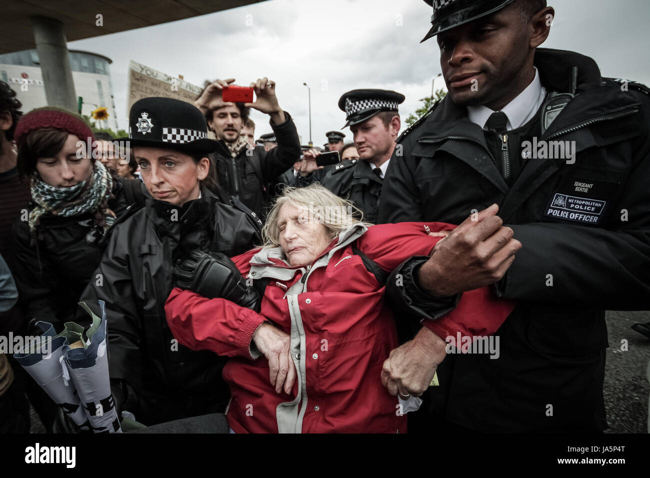 Stop the DSEi Arms Fair. Anti-war protest outside Excel Centre in east London, UK. Stock Photo