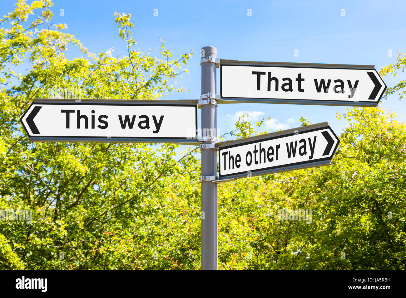 Decision making concept. This way, that way or the other way sign showing different directions and alternative choices. Stock Photo