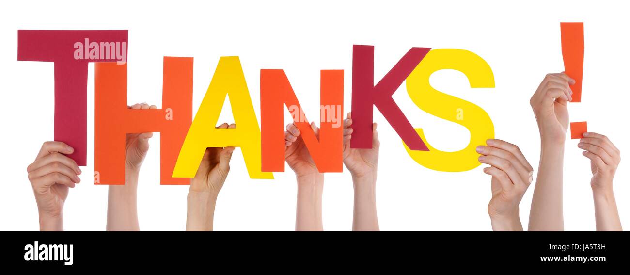 Many Hands Holding a Colorful Thanks with Interrogation Mark, Isolated ...