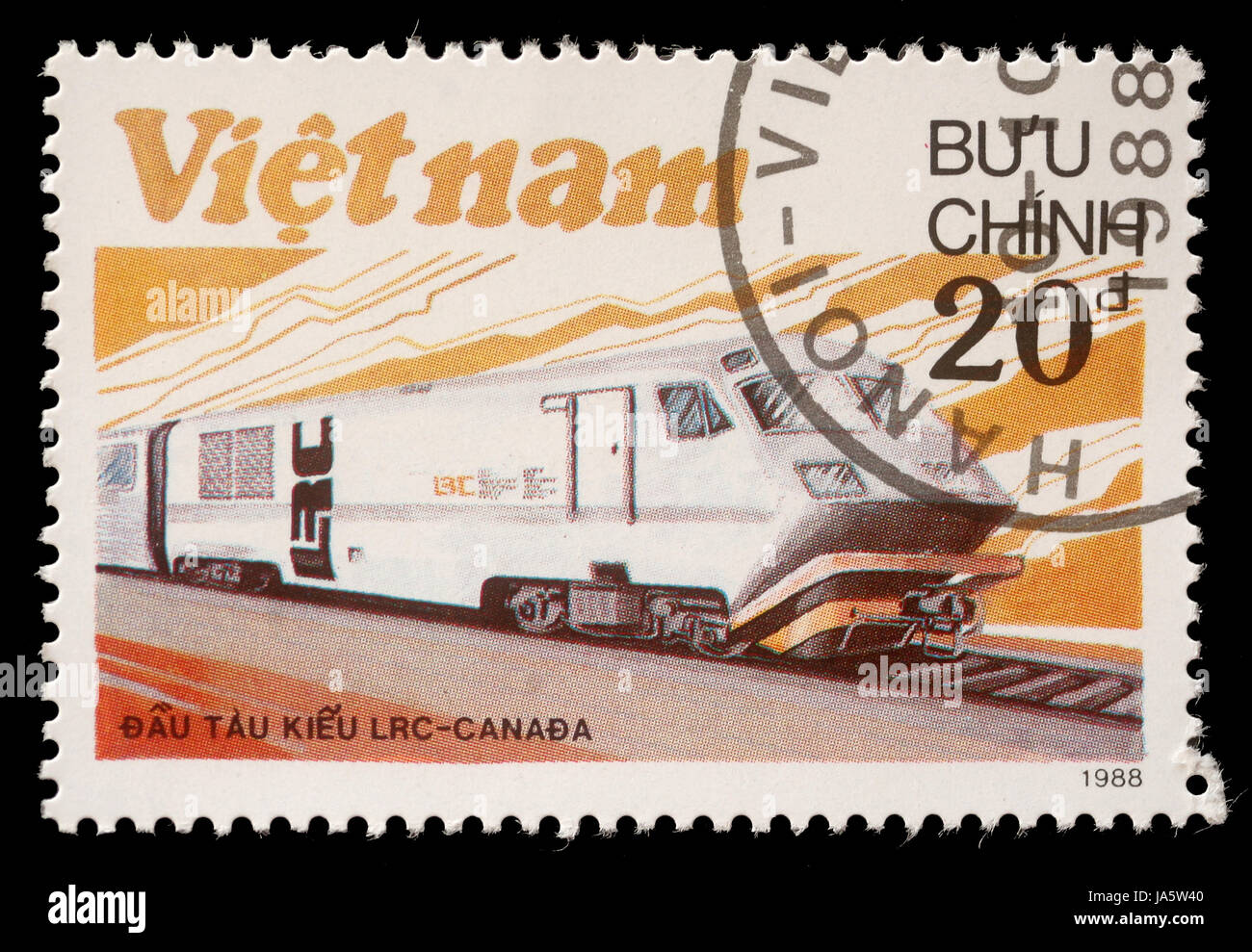 VIETNAM - CIRCA 1988: A stamp printed in Vietnam shows locomotive LRS produced in Canada, circa 1988 Stock Photo