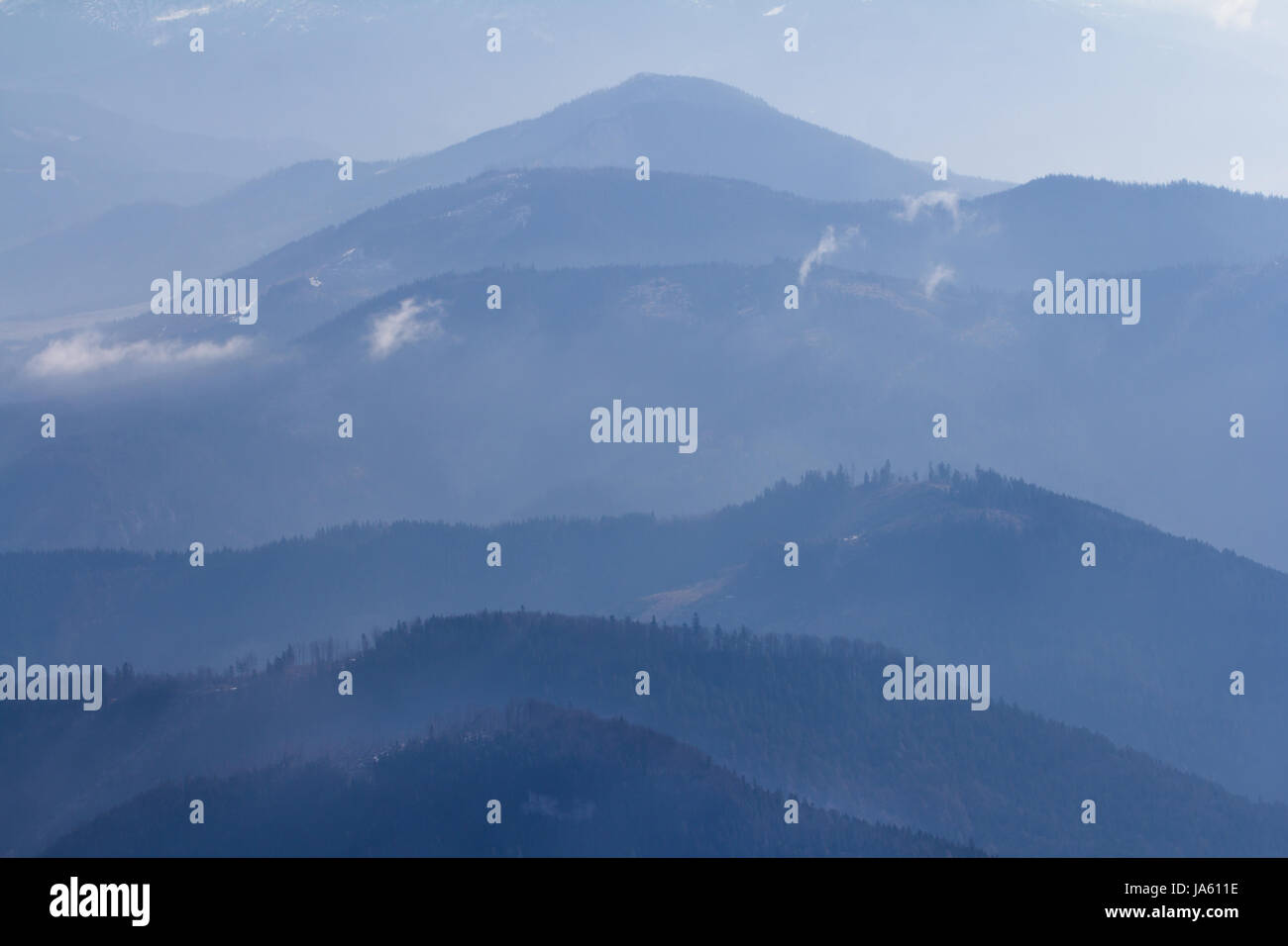 distant misty mountain range Stock Photo