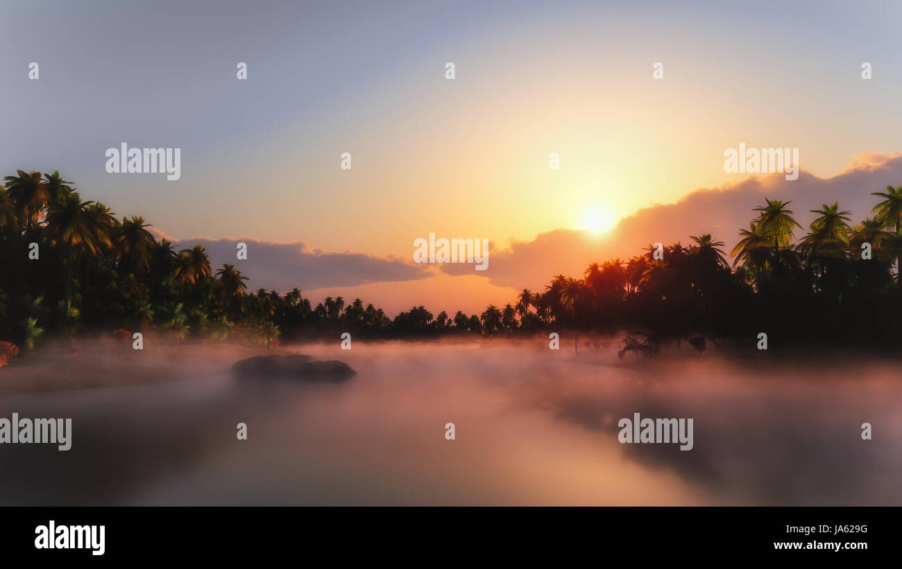 Tropical misty lake at sunrise Stock Photo