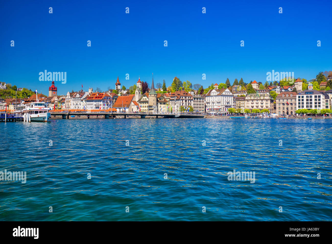 Harbor in Lucerne city with the view of Lucerne lake and promenade. Stock Photo