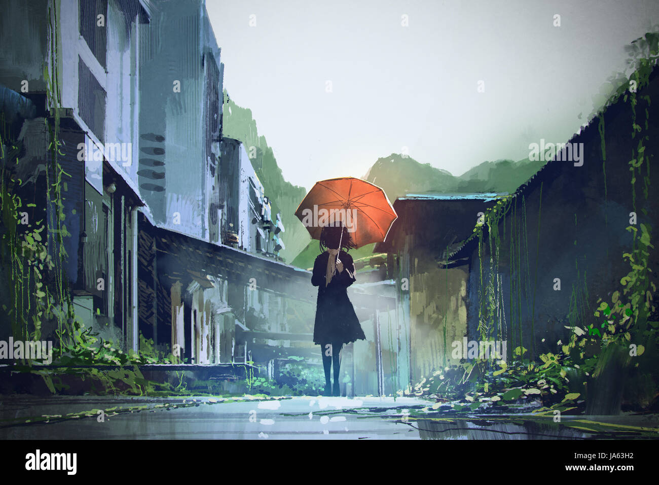 mysterious woman holds orange umbrella standing on street in abandoned city with digital art style, illustration painting Stock Photo