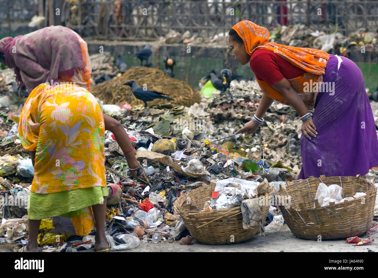 Indian women in brightly coloured clothing sorting through piles of rubbish in Calcutta, West Bengal, India. Stock Photo