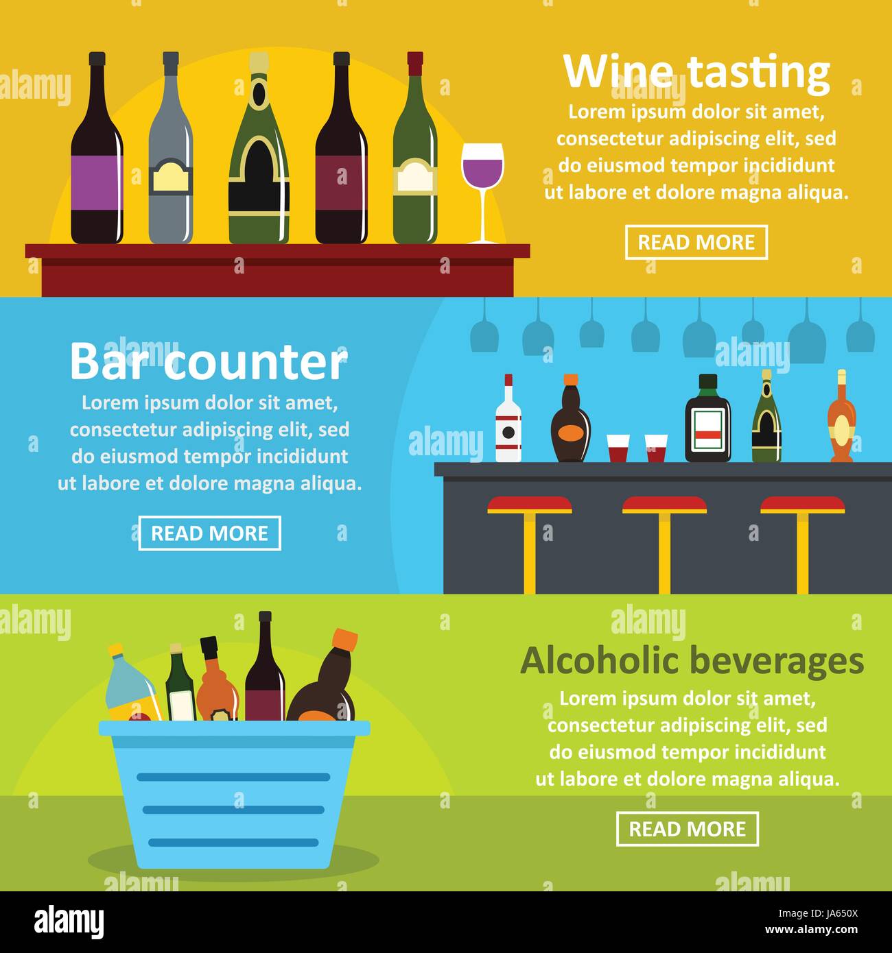 Wine tasting bar banner horizontal set, flat style Stock Vector Image