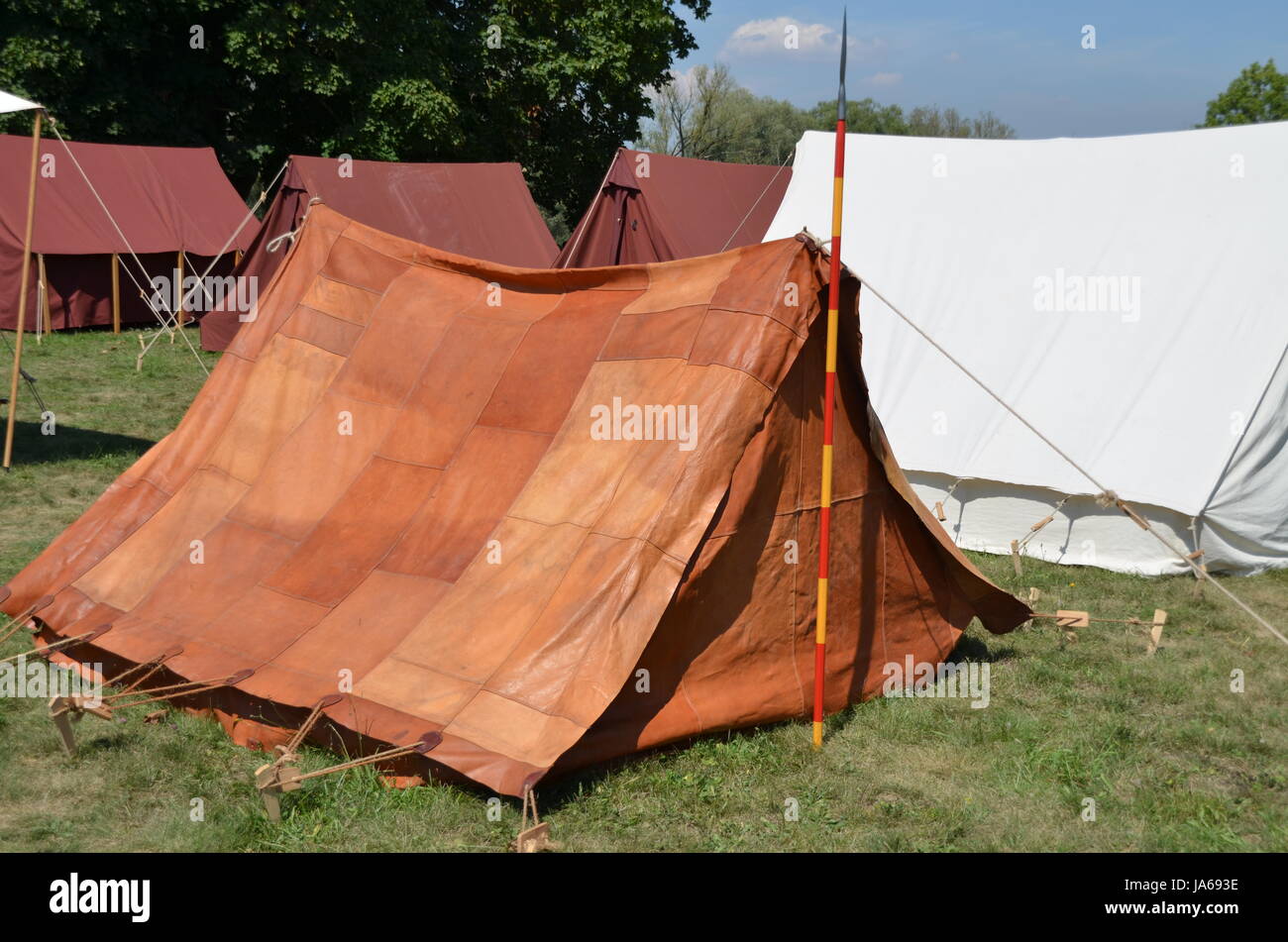 ropes, spear, arm, weapon, camp ground, camping site, fortifications, tree, Stock Photo