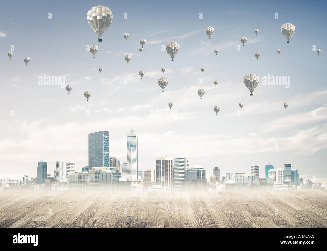 Concept of air pollution concept with aerostats flying above cit Stock ...