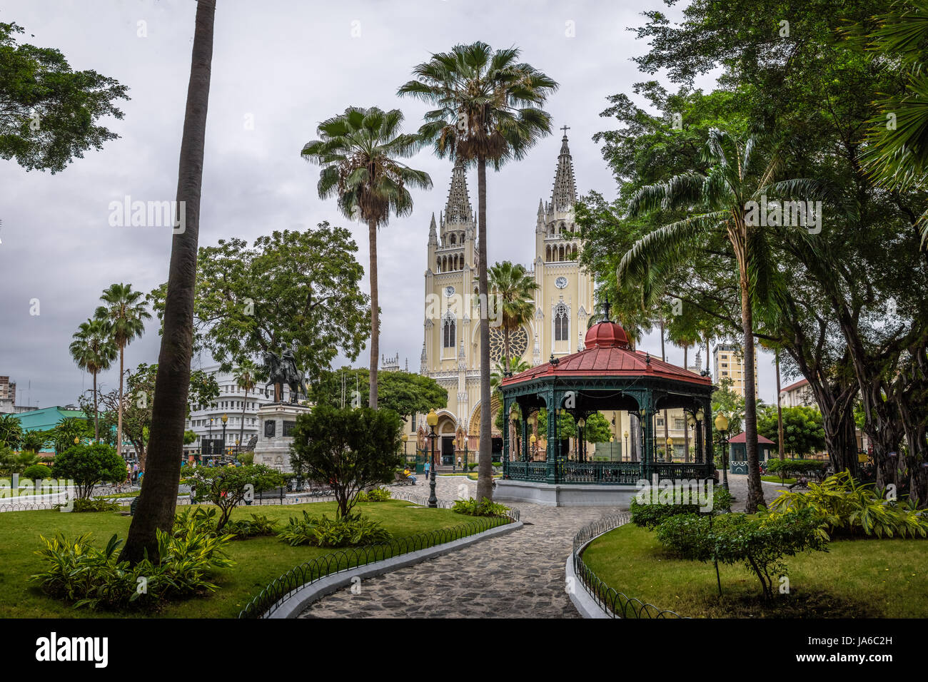 Seminario Park (Iguanas Park) and Metropolitan Cathedral - Guayaquil, Ecuador Stock Photo