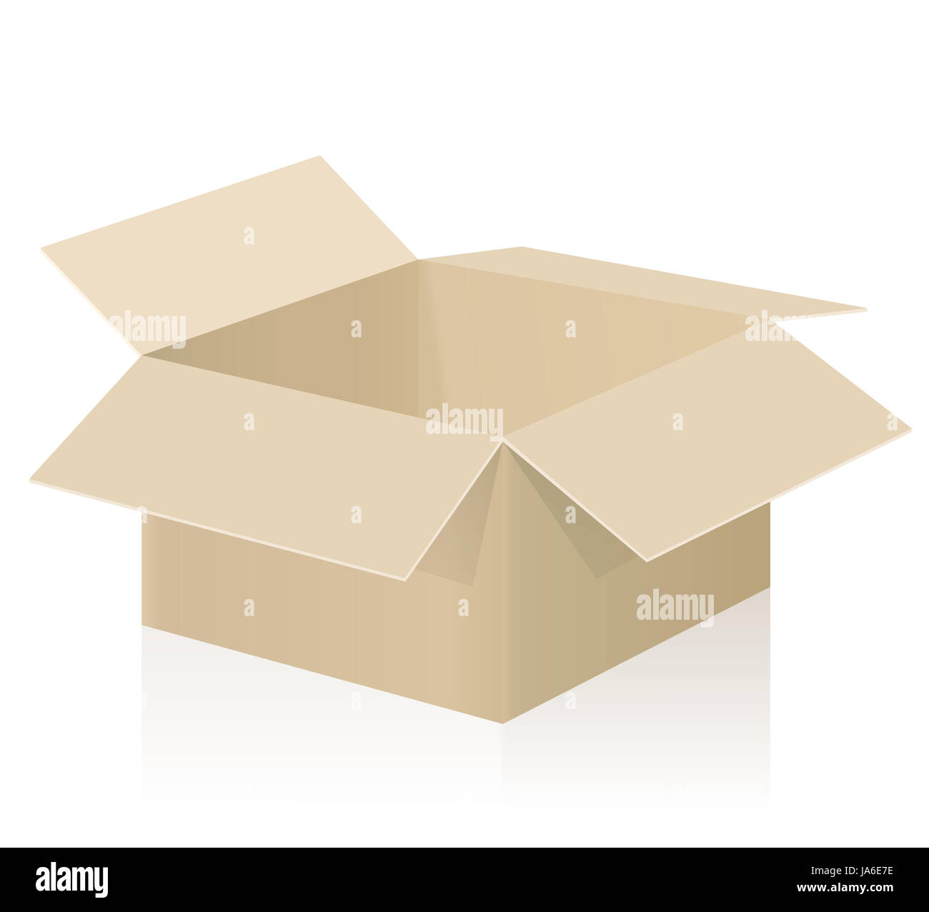 Open cardboard box - empty brown carton package with opened top - three-dimensional illustration on white background. Stock Photo