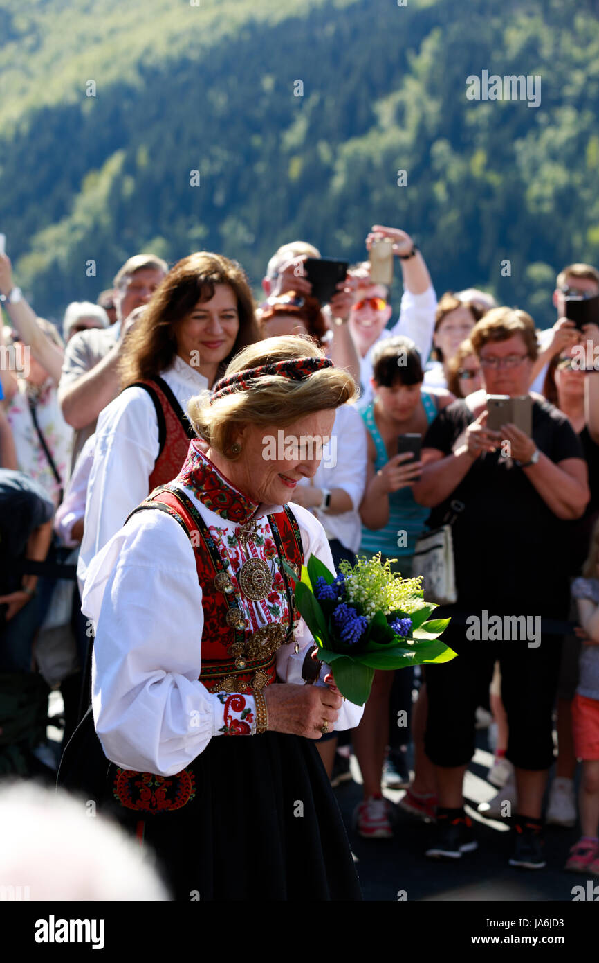 LOEN, NORWAY - MAY, 20 2017: Queen Sonja of Norway at the opening of SkyLift, a gondola lift in Loen Stock Photo