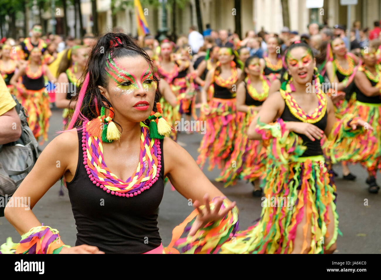 Berlin, Germany - june 04, 2017: People in costumes celebrating on Karneval der Kulturen ( Carnival of Cultures) in Berlin, Germany. Stock Photo