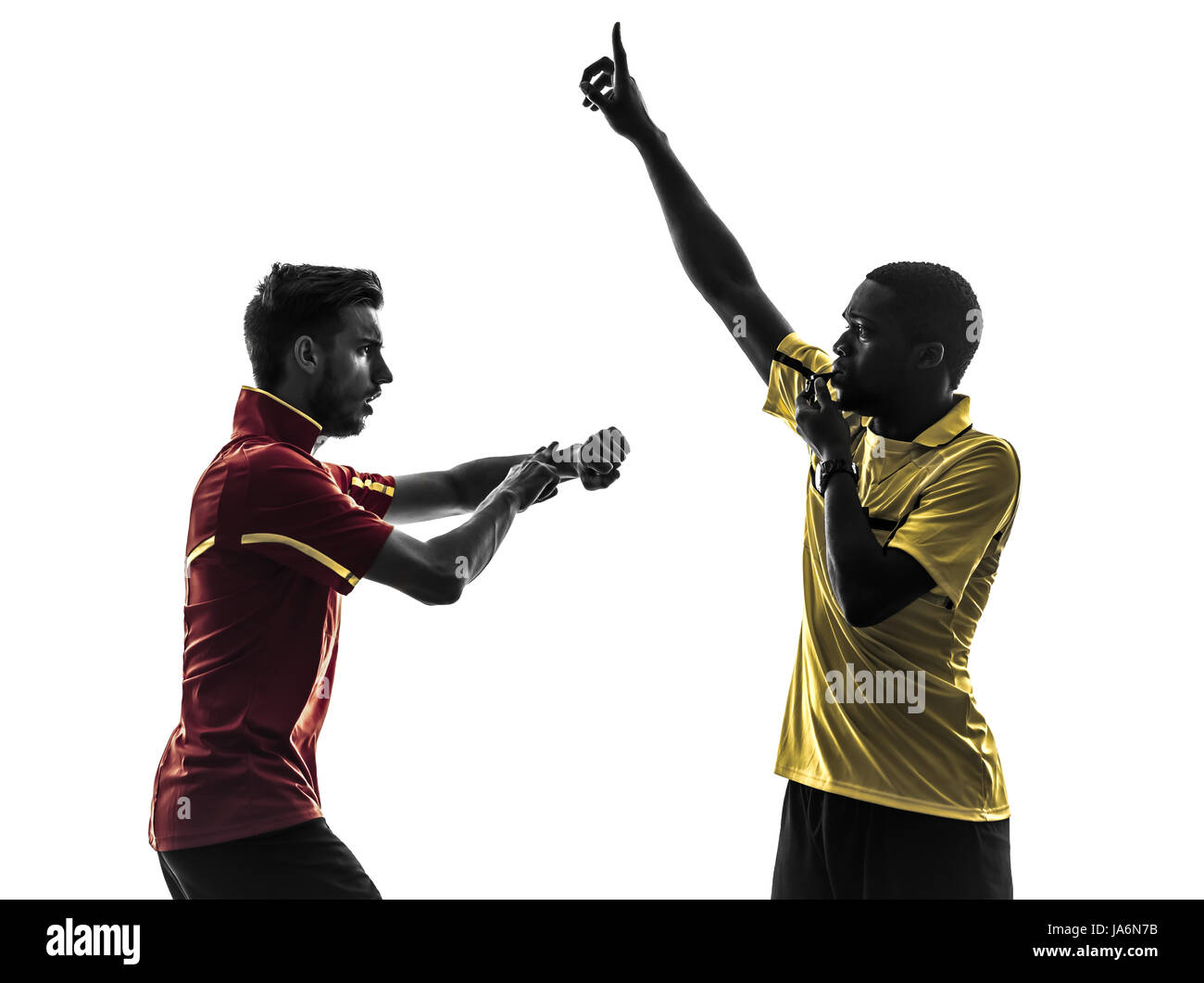 Two Men Soccer Player And Referee Blowing Whistle In Silhouette On