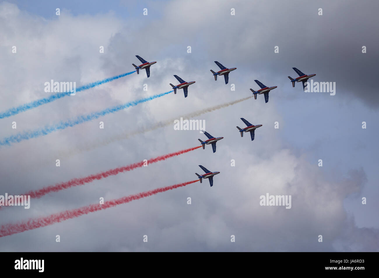 La Ferte Alais, France. 4th June, 2017. Jets from the Patrouille de France in the skies above the Aerodrome de Cerny, La Ferte Alais. Credit: Julian Elliott/Alamy Live News Stock Photo