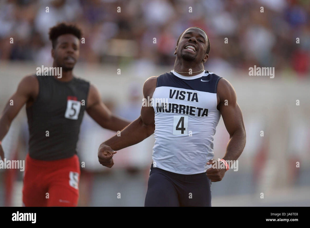 Javelin Guidry of Vista Murrieta celebrates after winning the 100m in a