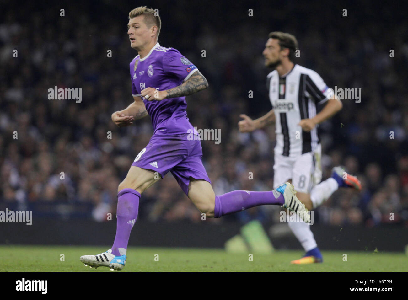 June 3rd 2017, Cardiff City Stadium, Wales; UEFA Champions League Final, Juventus FC versus Real Madrid Toni Kroos in action Stock Photo