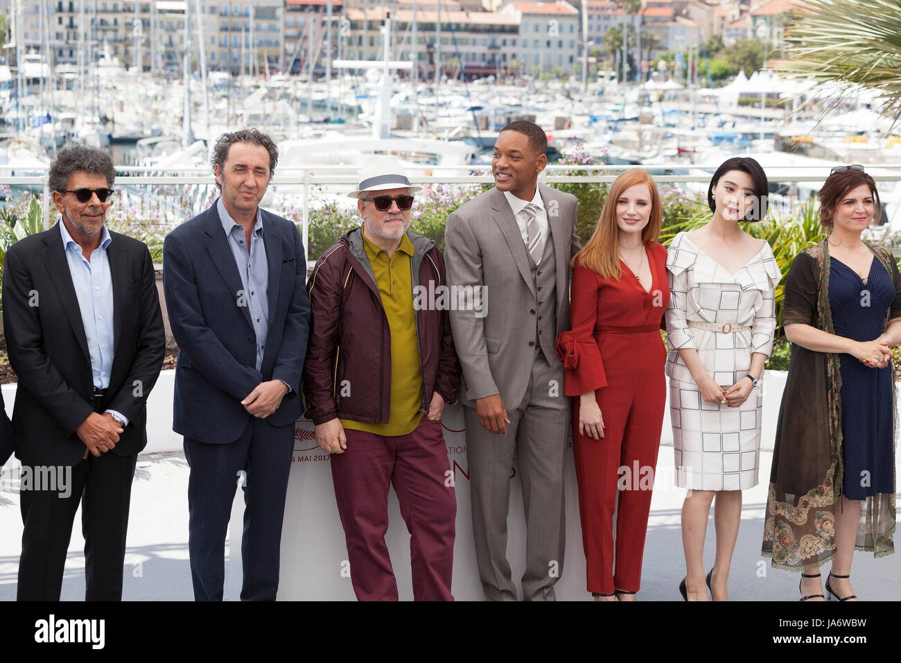 CANNES, FRANCE - MAY 17: Gabriel Yared, Paolo Sorrentino, Pedro Amoldovar, Will Smith, Jessica Chastain, Fan Bingbing, Agnes Jaoui attends the Jury photocall during the 70th annual Cannes Film Festival at Palais des Festivals on May 17, 2017 in Cannes, France. Laurent Koffel/Alamy Live News Stock Photo