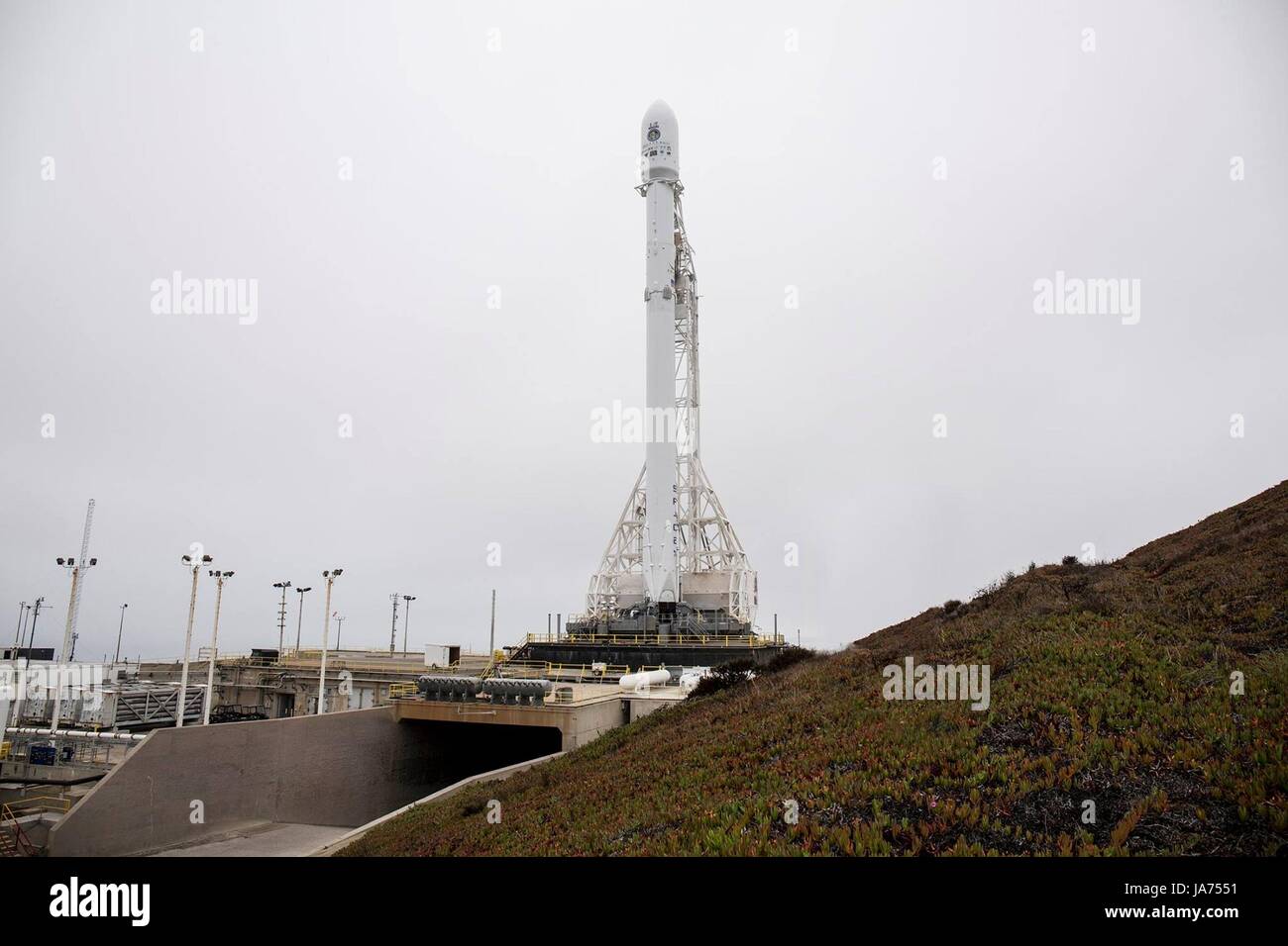 Lompoc, California, USA. 24th Aug, 2017. The SpaceX Falcon 9 rocket is readied for lift off