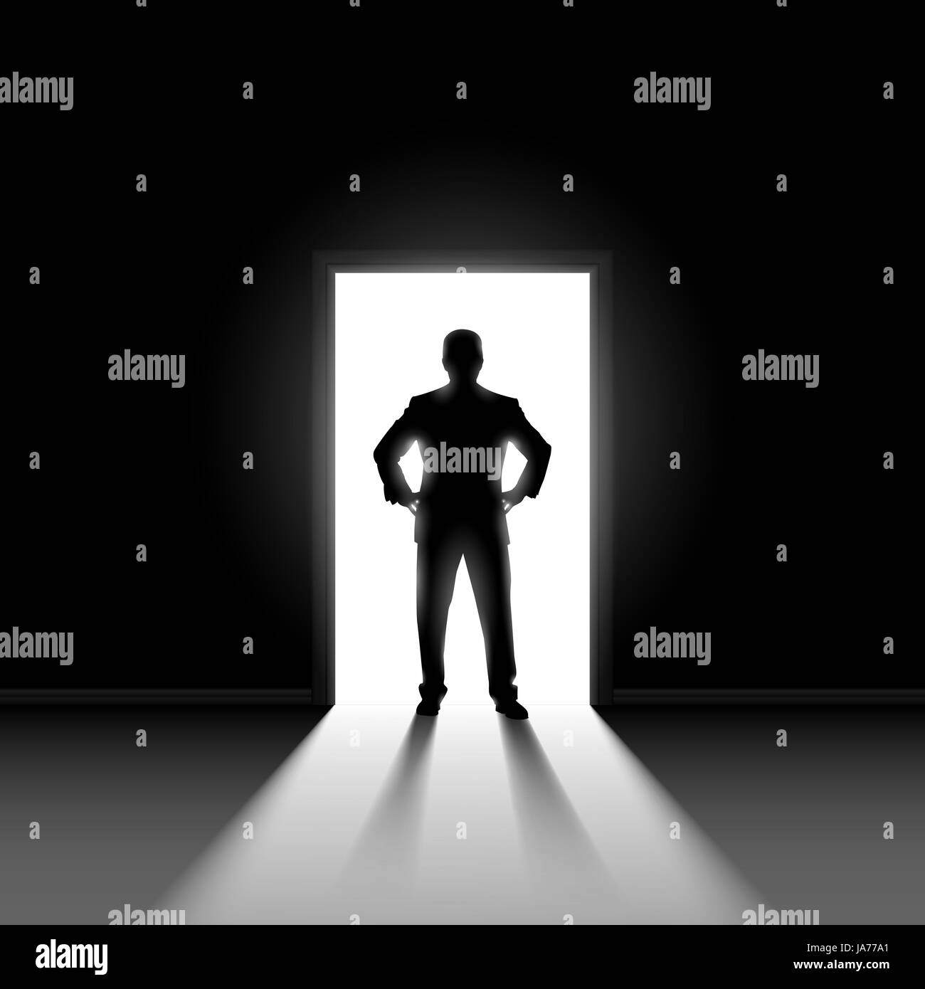 Silhouette of man entering dark room with bright light in doorway Stock ...