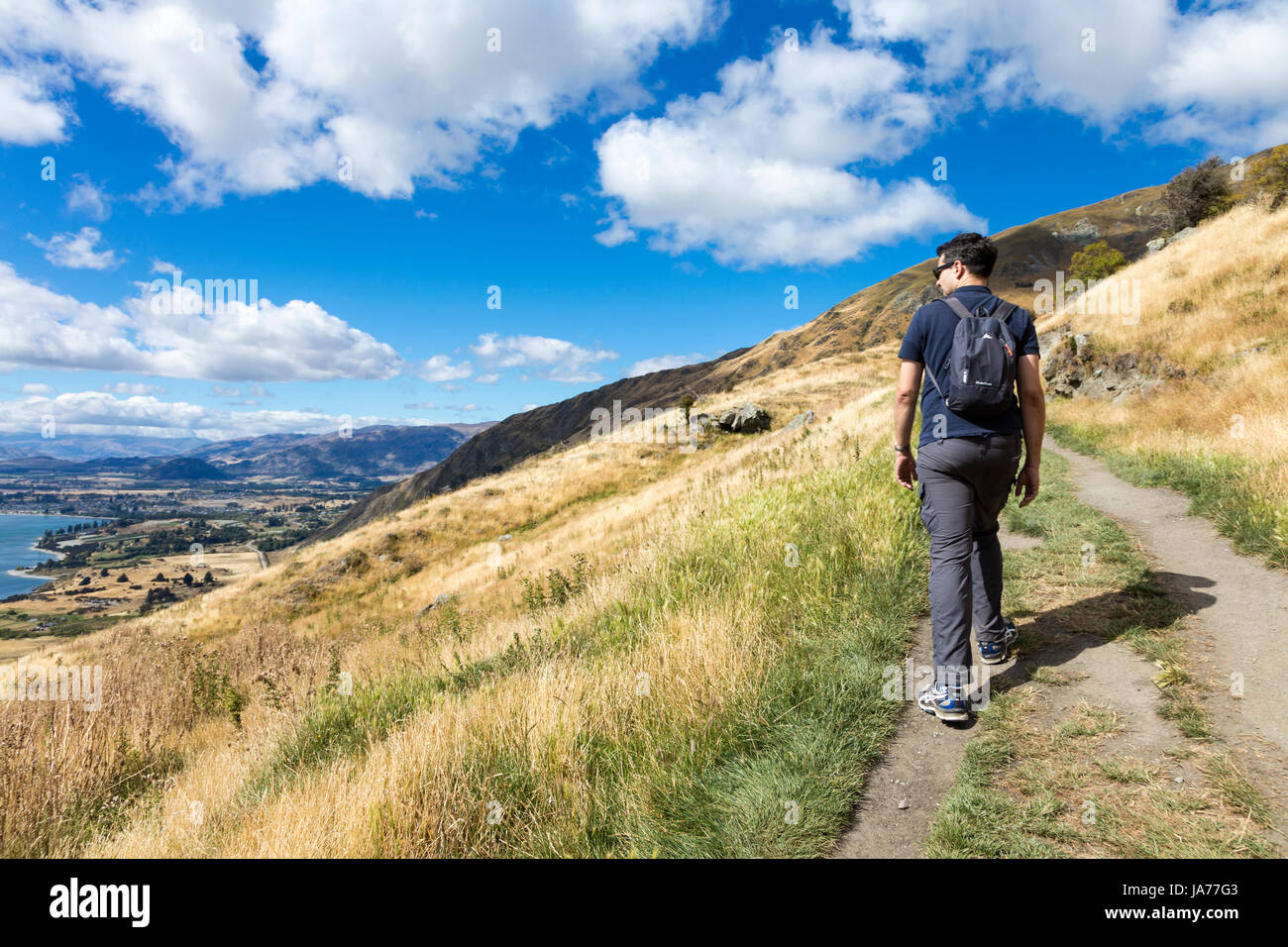 Hiker walking up Roys Peak, Otago, South Island, New Zealand Stock Photo