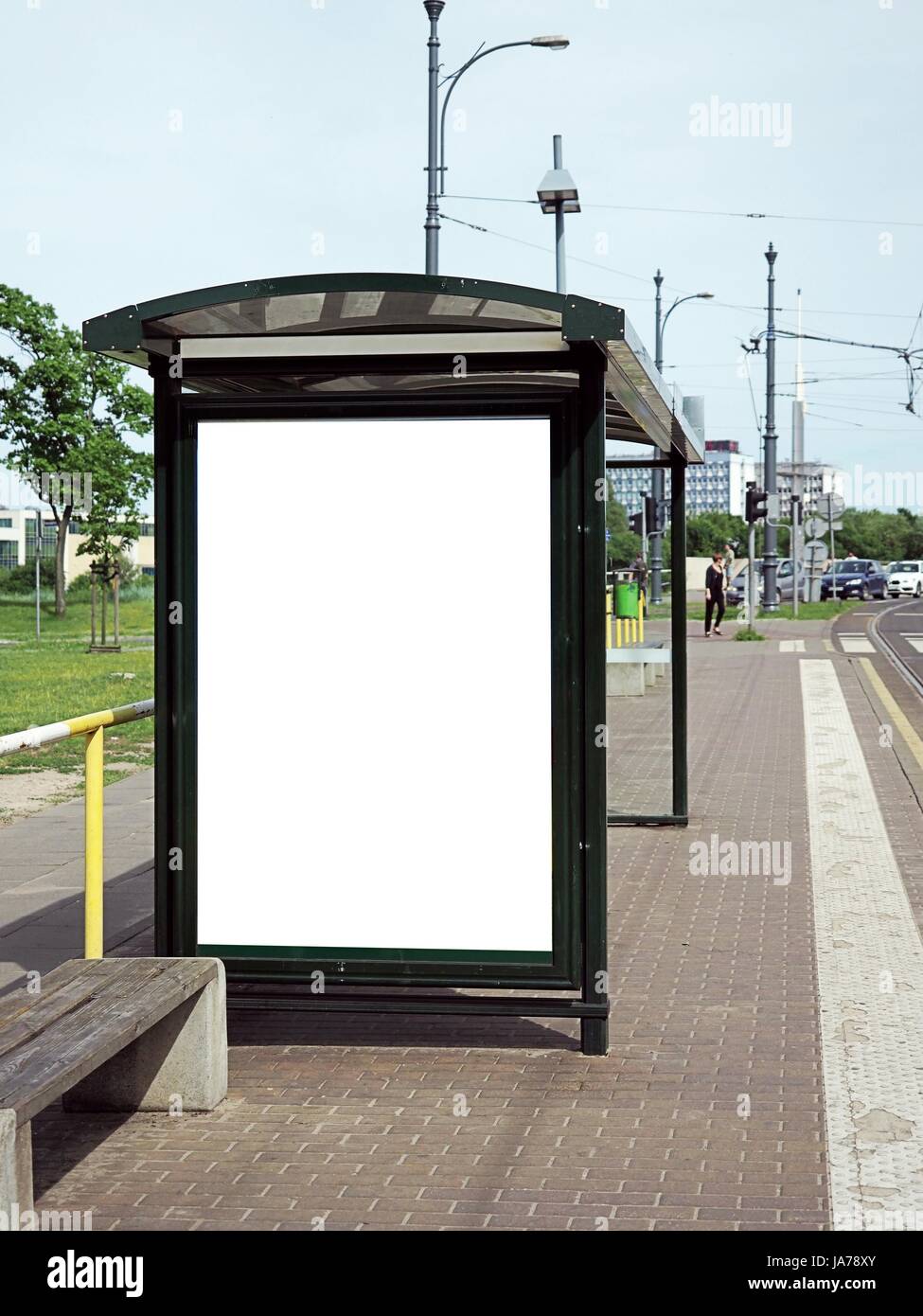 Bus tram stop, shelter, white empty place for street ads, advertisement board, mock up, mockup, signage Stock Photo