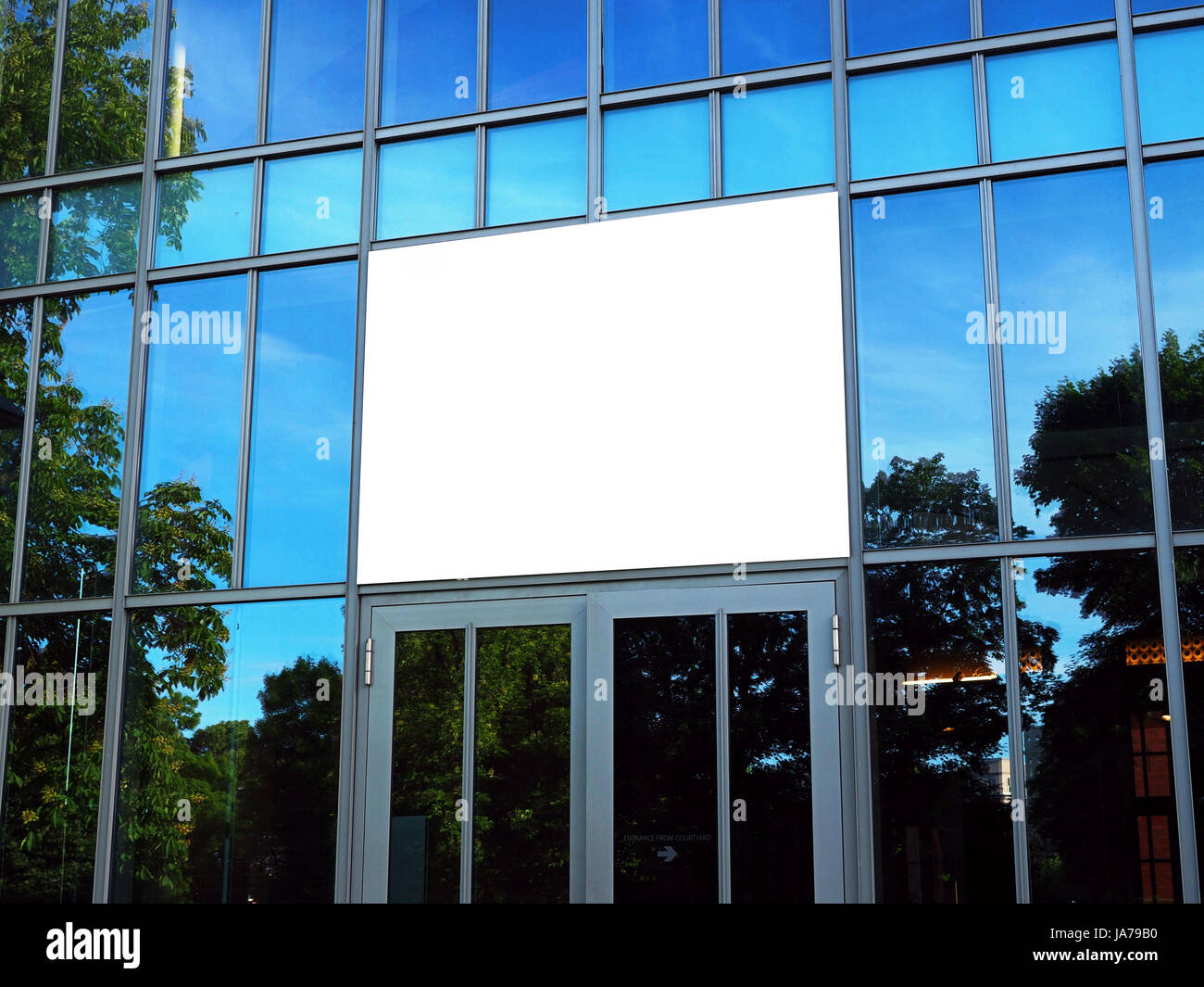 Signboard front view, empty white mock up, signage in a metal frame on ...