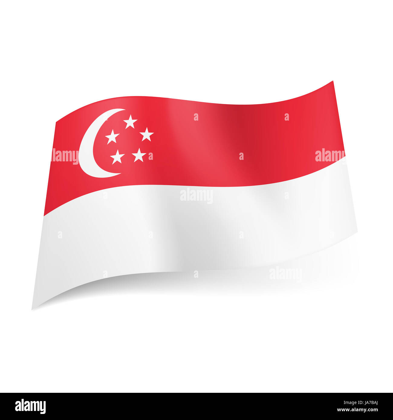 National flag of Singapore: red stripe with crescent moon and five stars in circle above white one. Stock Photo