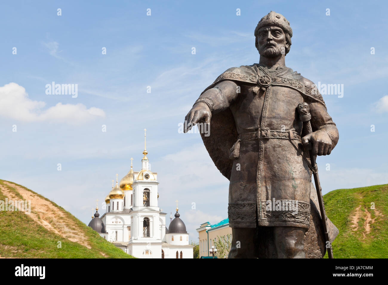 DMITROV, RUSSIA - AUGUST 14: Yury Dolgoruky Monument at southern entrance to Kremlin in Dmitrov, Russia on August 14, 2013. The statue was build in 2001 by sculptor Tserkovnikov. Stock Photo