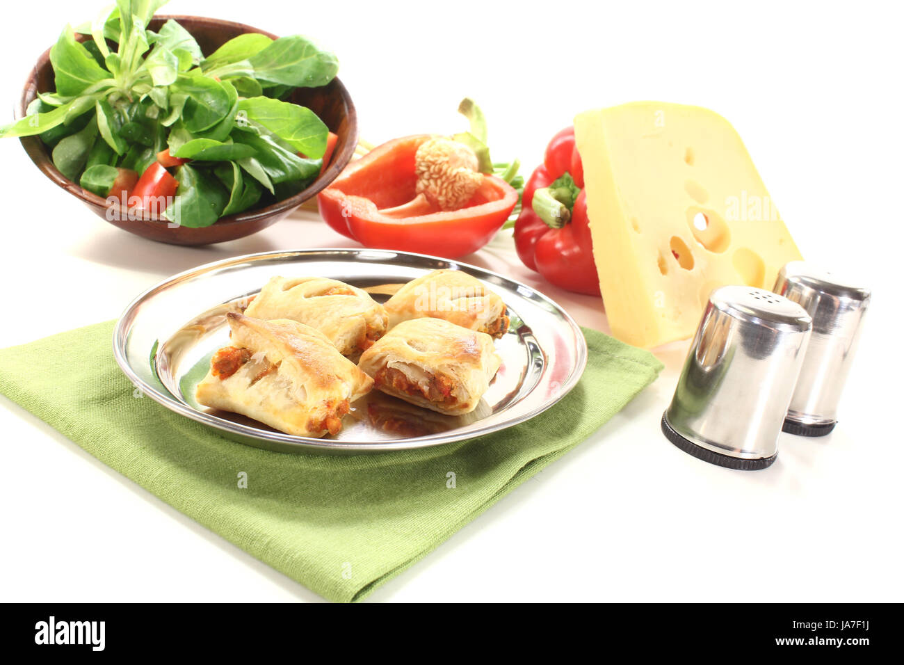 pastry, paprika, peppers, cheese, onions, lamb's lettuce, food, aliment, Stock Photo