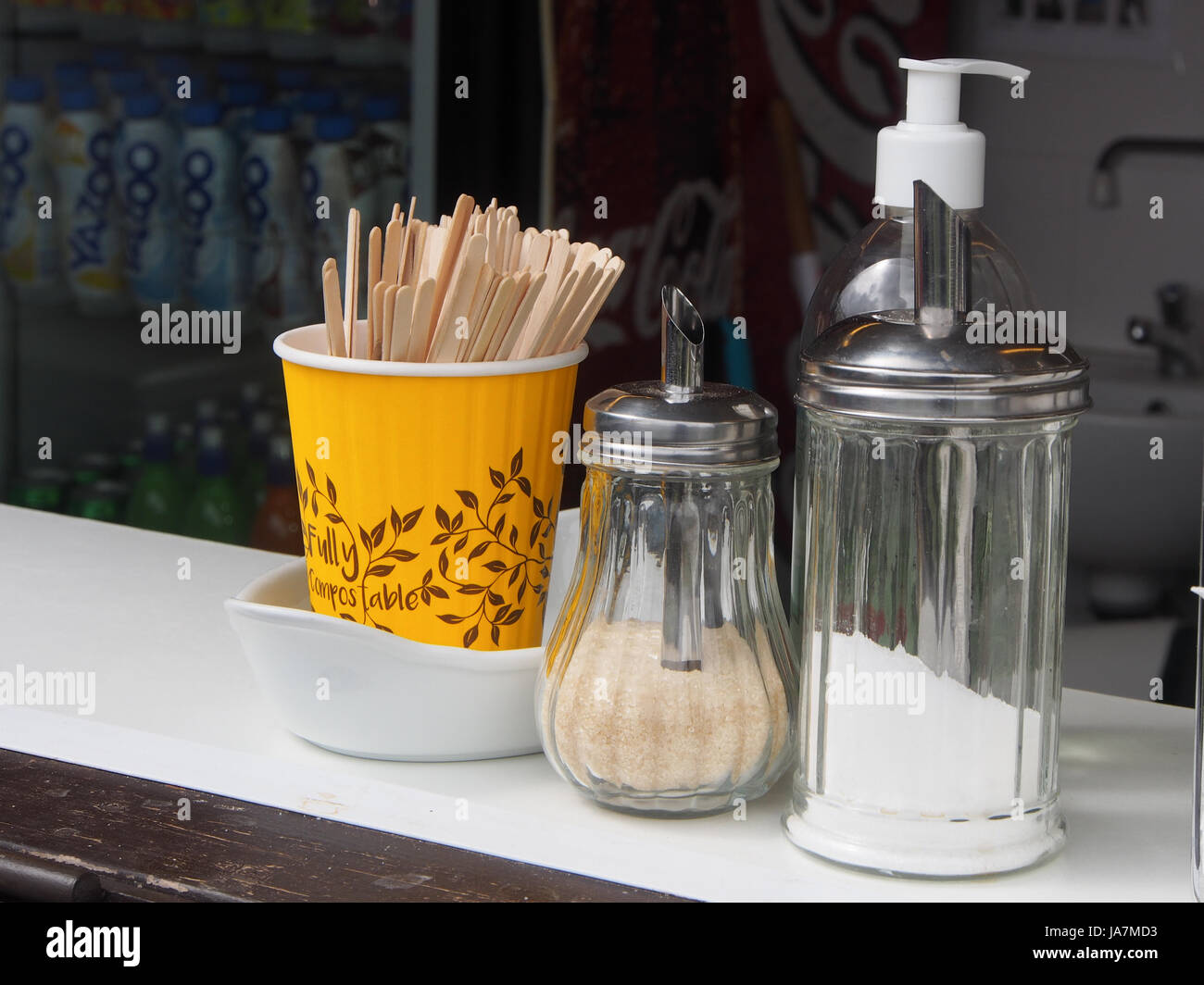 White and brown sugar dispensers on a mobile food vam Stock Photo