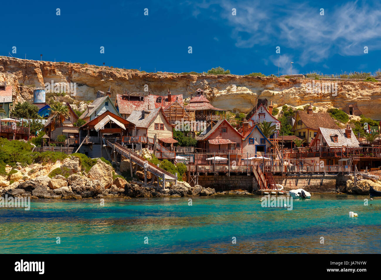 Famous Popeye Village at Anchor Bay, Malta Stock Photo