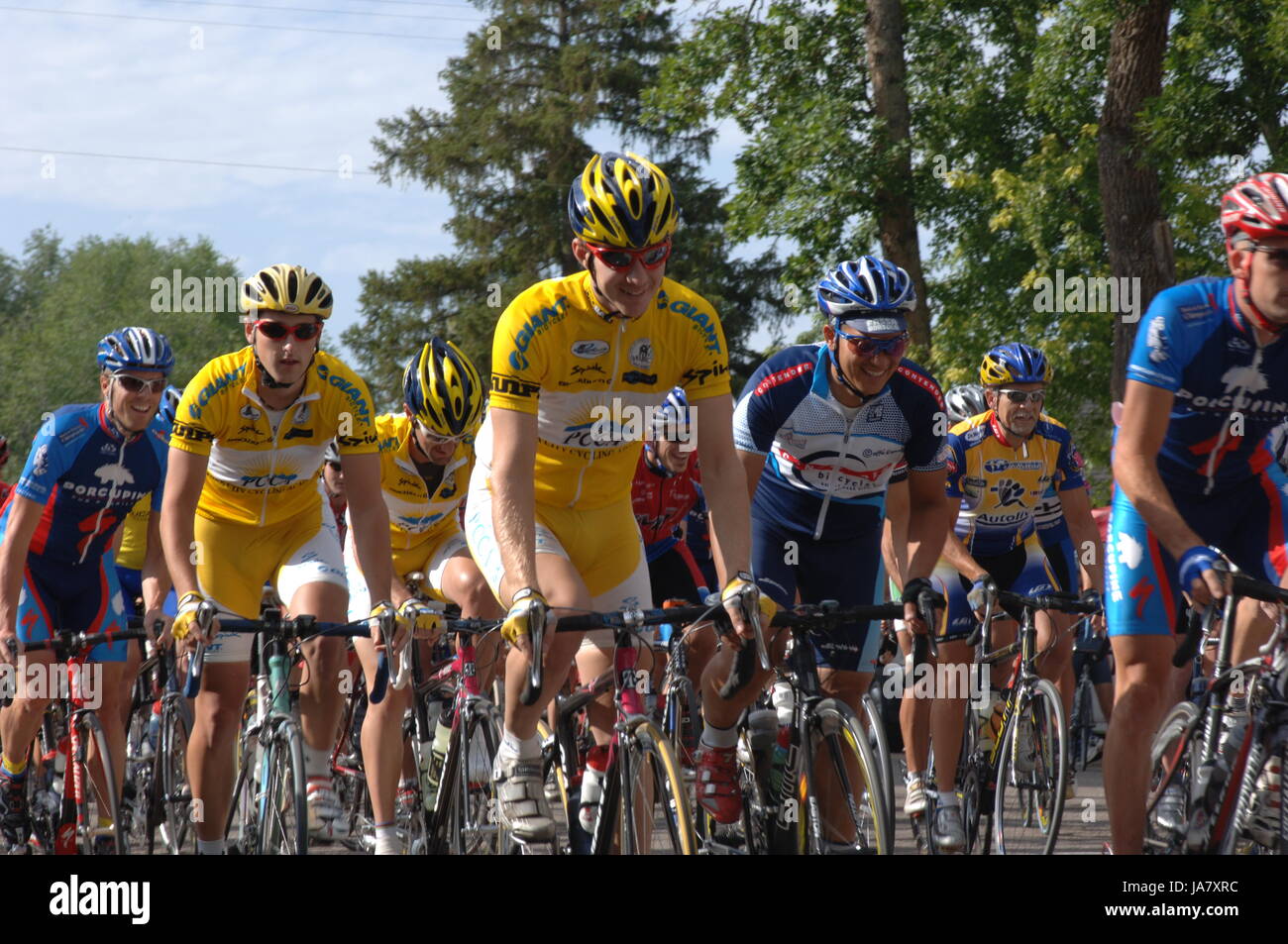 Spring City, Utah, USA - 2 August 2006: Group of cyclists riding down Main Street in the Sanpete Classic Road Race in Sanpete County Utah. Rural Utah  Stock Photo