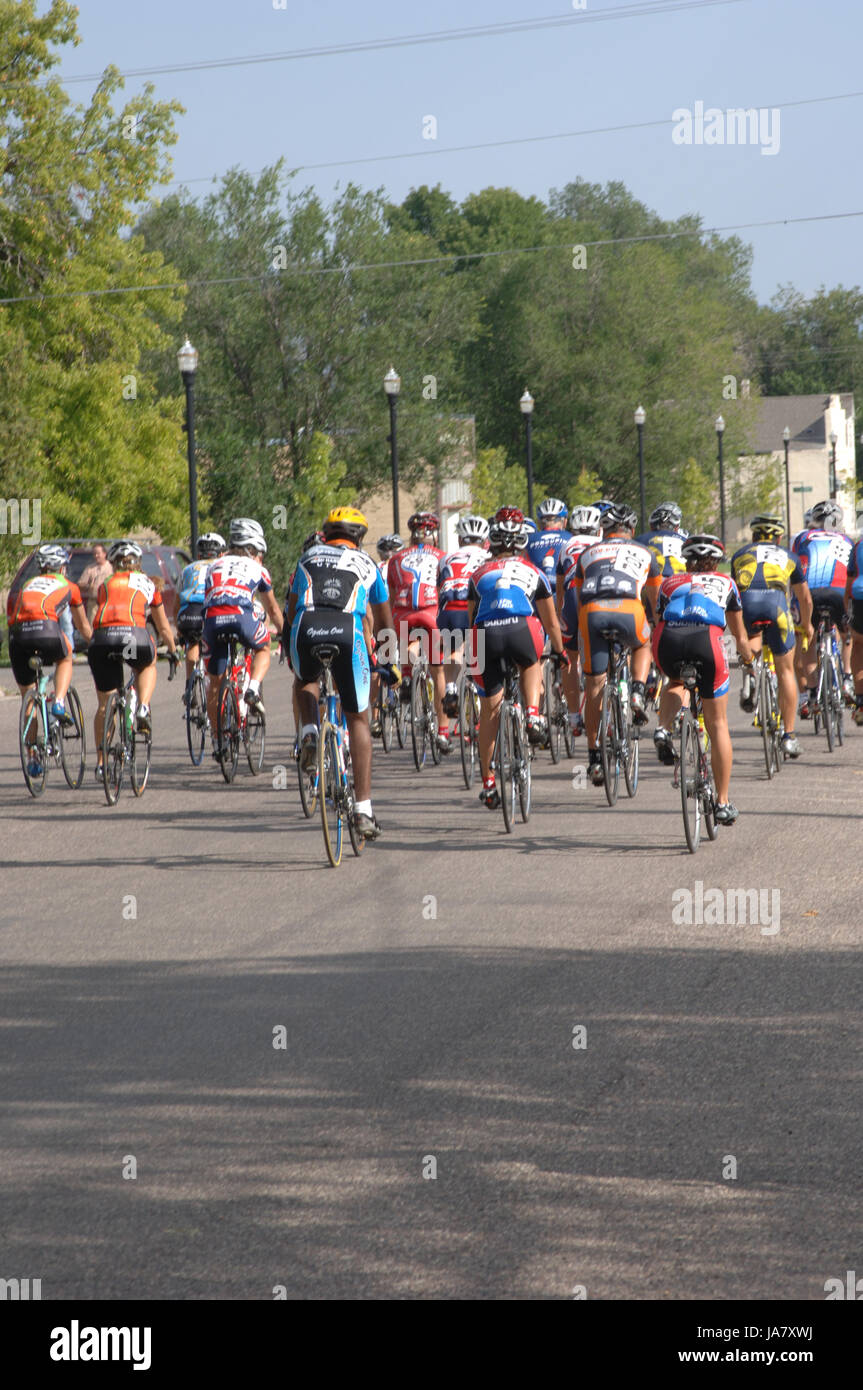 Spring City, Utah, USA - 2 August 2006: Men competing in the Sanpete Classic Road Race, start of the race. Group of cyclists riding road bike to compe Stock Photo