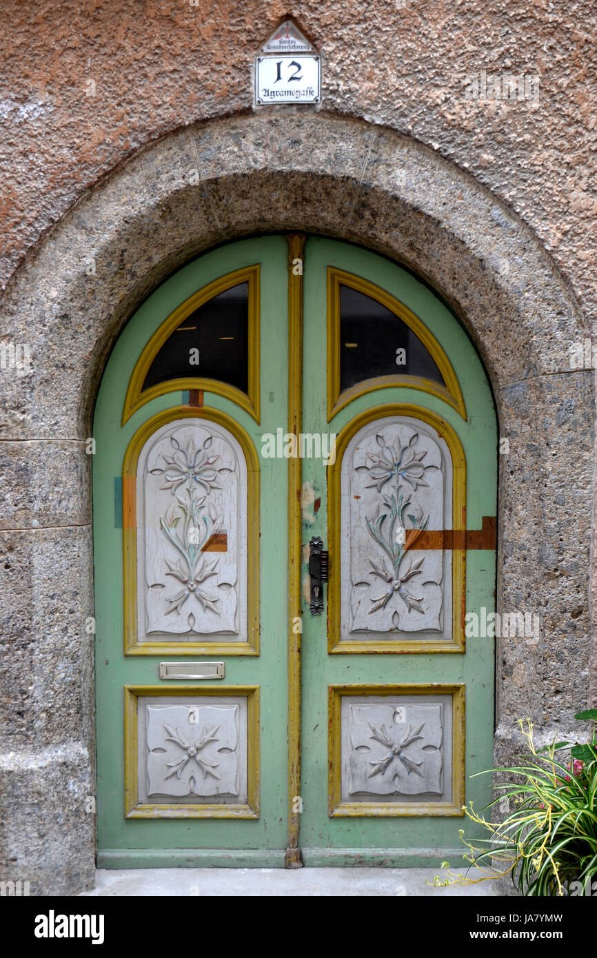 Antique Masonry Front Door Medieval Circular Arc Window Stock