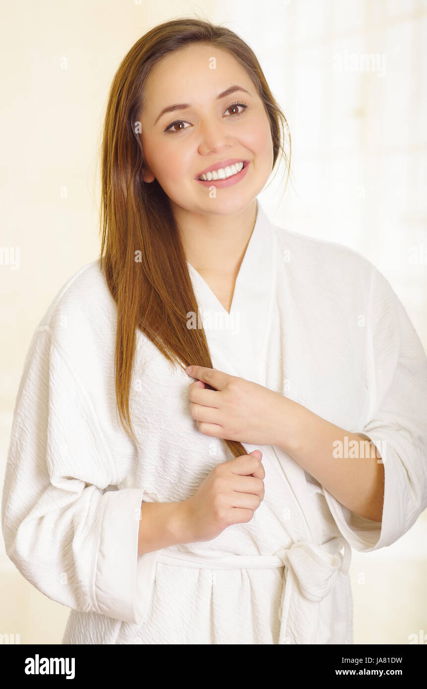Beautiful fresh young girl wearing white bathrobe Stock Photo Alamy